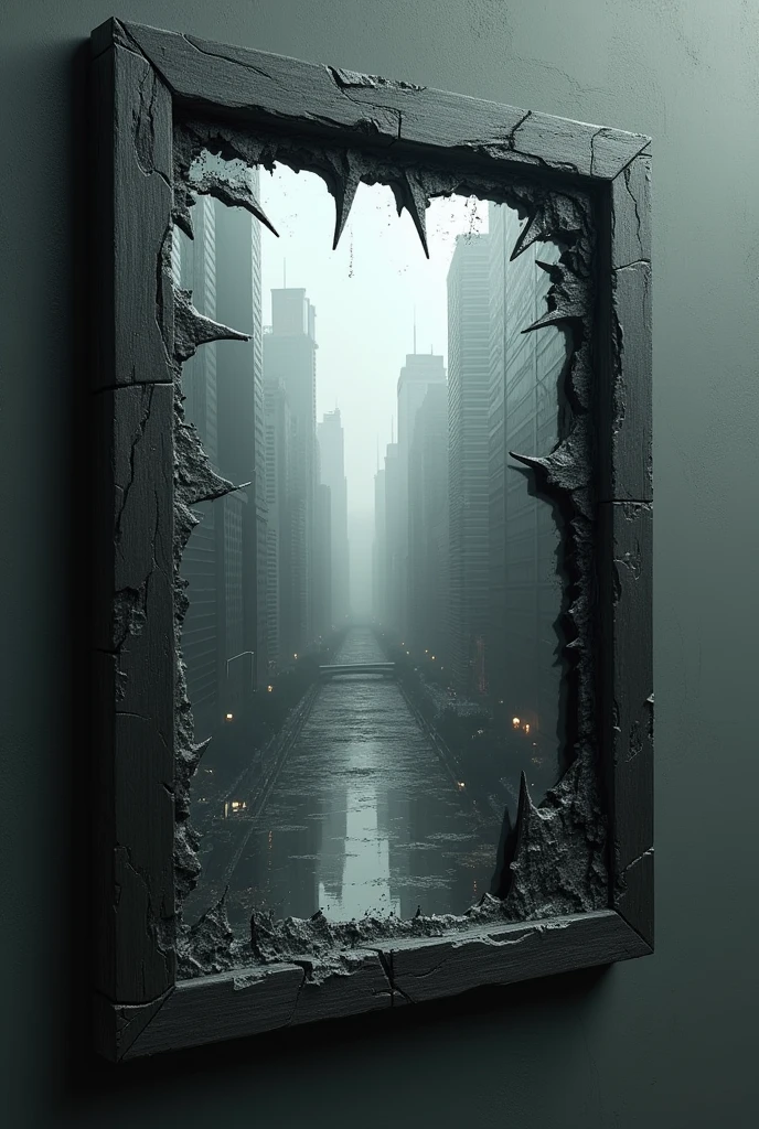 Please can you make me an image that is a mirror broken around the edges and that inside you can see a city with colors mostly in a not very dark gray scale?