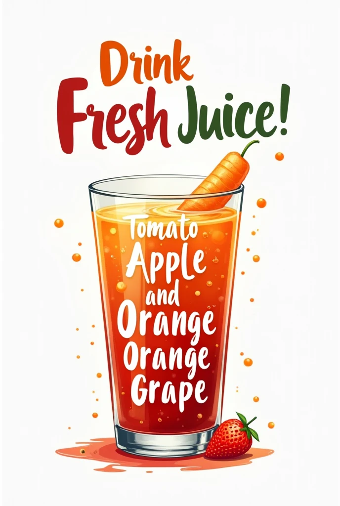 Typography Poster of Fresh Juice, Write "Drink Fresh Juice!" on the top half of the poster, Draw a glass of cold juice on the bottom half of the poster, Water drops on the glass, The words of tomato and apple and carrot and orange and grape using various font and color and size are in the juice