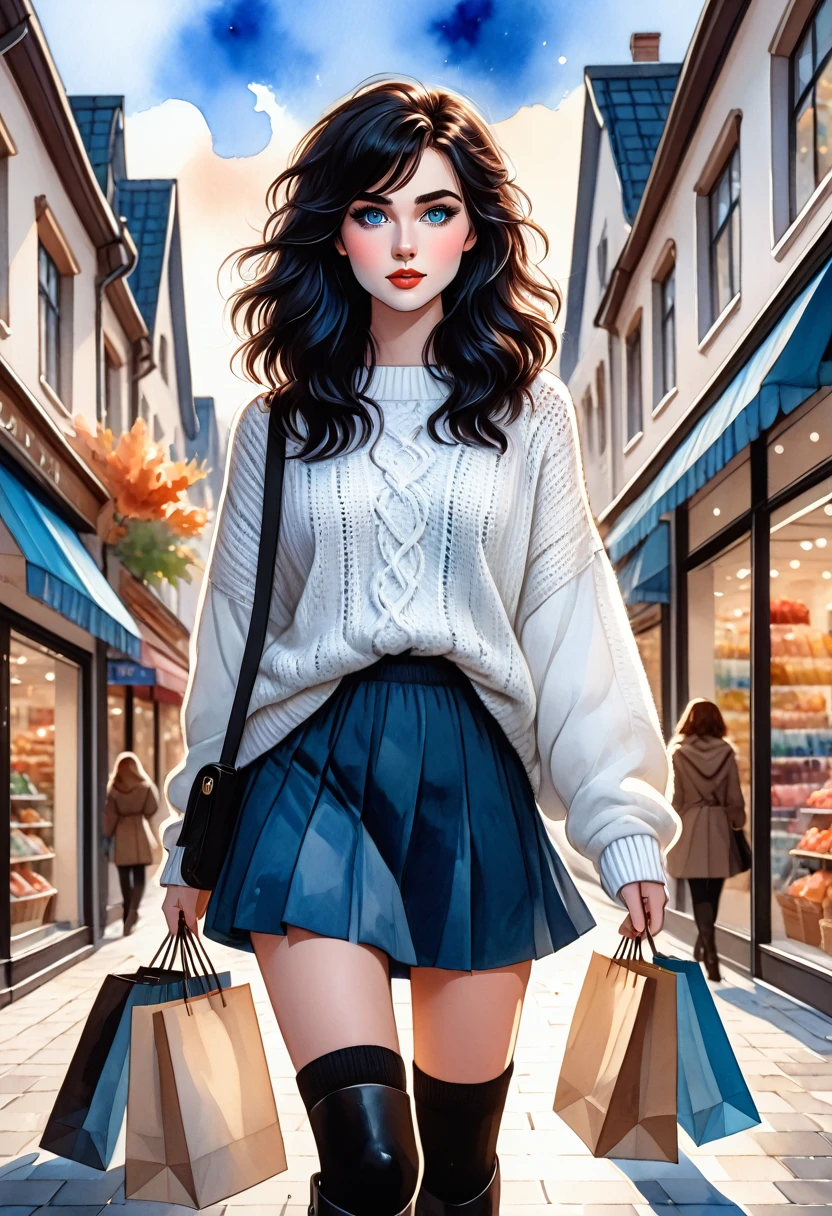 kawaii style, Masterpiece, best quality, solo representation of a woman with wavy black hair and blue eyes, looking directly at the viewer. She is wearing a white sweater paired with a black skirt and long black boots. The scene is depicted as a watercolor illustration in cartoon style. She actively shops, surrounded by various stores and shopping bags, creating a lively and dynamic environment.