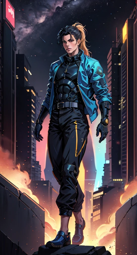 HomelanderComicACC, a man with black hair tied in a ponytail, stands tall and imposing, a futuristic sci-fi style blue short jacket, a dark bodysuit, matching trousers, a belt cinched at the waist, colorful grey gloves, he stands atop a futuristic high-rise, he surveys the city night view, this character embodies a finely crafted futuristic sci-fi, exquisite and mature manga art style, high definition, best quality, highres, ultra-detailed, ultra-fine painting, extremely delicate, professional, perfect body proportions, golden ratio, anatomically correct, symmetrical face, extremely detailed eyes and face, high quality eyes, creativity, RAW photo, UHD, 32k, Natural light, cinematic lighting, masterpiece-anatomy-perfect, masterpiece:1.5