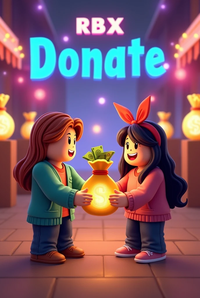 A smiling Roblox avatar receiving a shiny bag of money from another avatar in a festive setting, with decorated donation stands in the background. The style should be cheerful and colorful., as a digital illustration. The title &#39;RBX Donate&#39; at the top in bright letters
