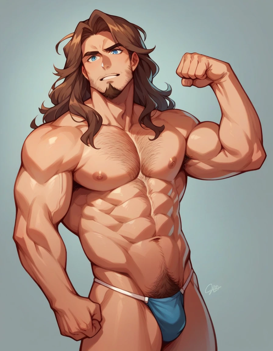 A very muscular, brown-haired, long, flowing hair, blue eyes, goatee, hairy chest, shirtless and in ya ga flexing his biceps and who is really attractive and wearing a thong