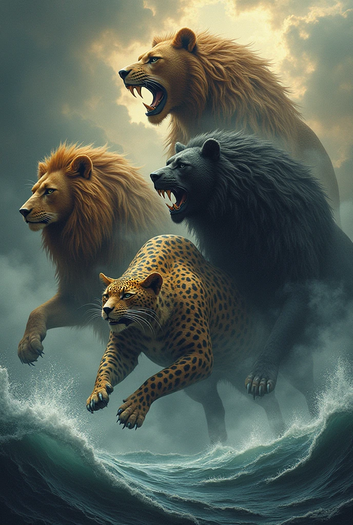 Draw the 4 beasts described in the book of Daniel in the Bible