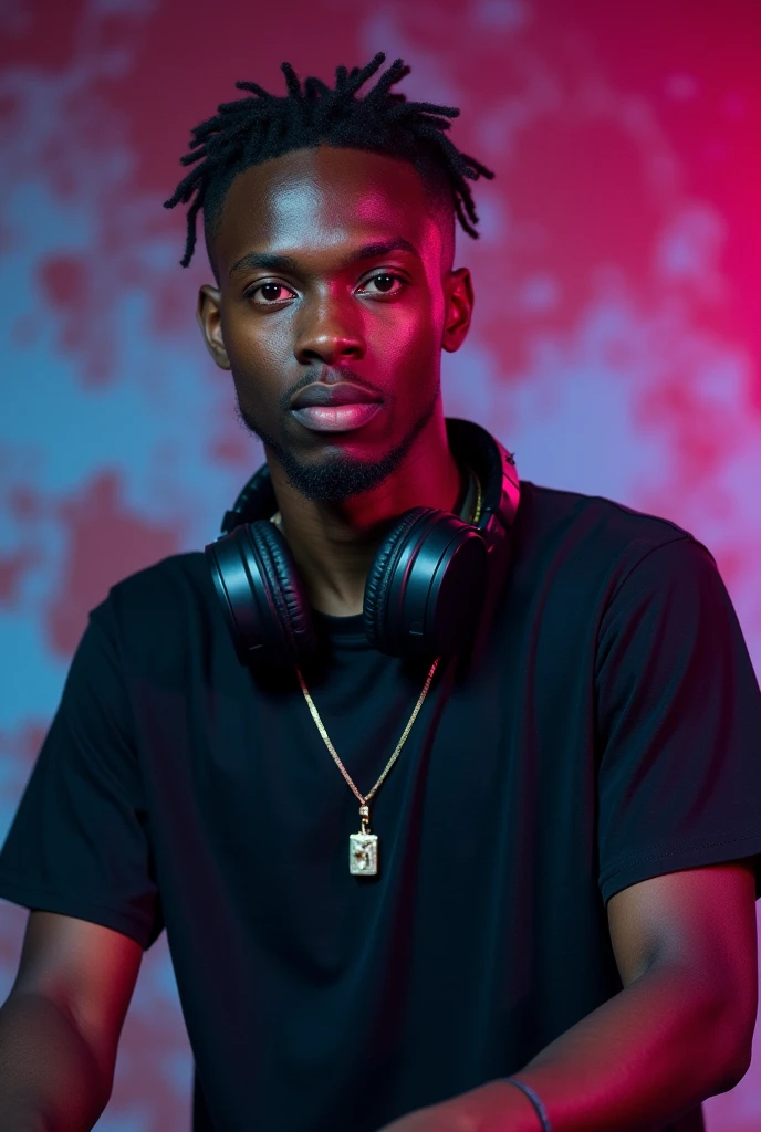 Photo of a male dj performing(kenyan) in black t shirt and very few jewelries to use as a logo for my video mixes. His looks should tell that the mix he is producing is vibing properly. Let him have hanging headphones on this neck. Design a creative one. Better if he is younger estimated twenty years.