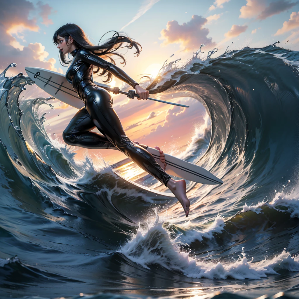 (Luminism:1.28), Side view、(TopQuality 8K Masterpiece) (ProfessionalPHOTO:1.37) Extremely Detailed (A girl standing on a surfboard riding a wave), Colorful morning Glory Rays、(balancing on a Life Size surfboard:1.28), (There is Only one surfboard under her feet:1.37) Sparkling Waves Splashing water Particles, Glowing Wet Hair、hourglass body type、Dynamic motion blur, Perfect Hand、(Surfing Photos:1.4) 