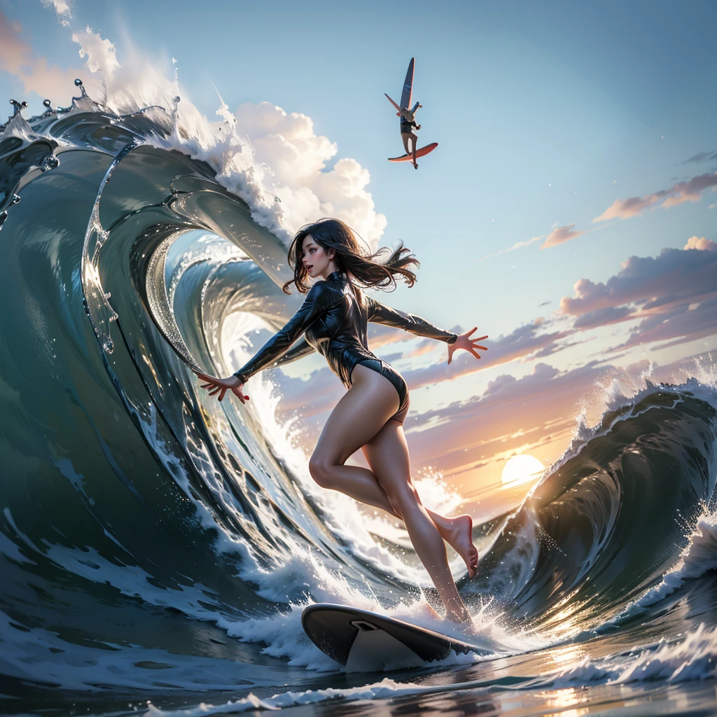 (Luminism:1.28), Side view、(TopQuality 8K Masterpiece) (ProfessionalPHOTO:1.37) Extremely Detailed (A girl standing on a surfboard riding a wave), Colorful morning Glory Rays、(balancing on a Life Size surfboard:1.28), (There is Only one surfboard under her feet:1.37) Sparkling Waves Splashing water Particles, Glowing Wet Hair、hourglass body type、Dynamic motion blur, Perfect Hand、(Surfing Photos:1.4)