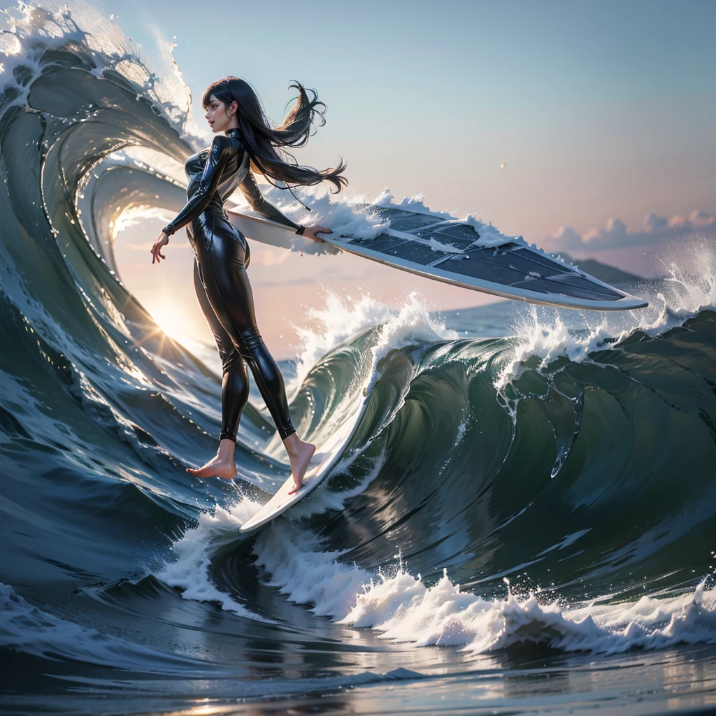 (Luminism:1.28), Side view、(TopQuality 8K Masterpiece) (ProfessionalPHOTO:1.37) Extremely Detailed (A girl standing on a surfboard riding a wave), Colorful morning Glory Rays、(balancing on a Life Size surfboard:1.28), (There is Only one surfboard under her feet:1.37) Sparkling Waves Splashing water Particles, Glowing Wet Hair、hourglass body type、Dynamic motion blur, Perfect Hand、(Surfing Photos:1.4) 