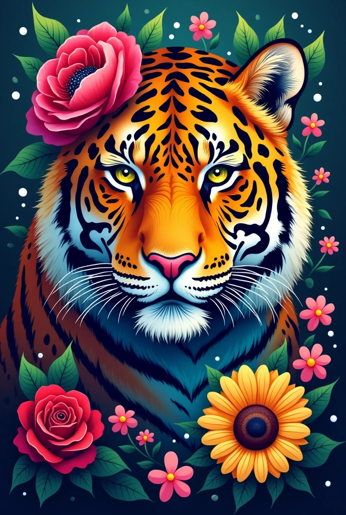 Create a fantastic Amazonian jaguar. A mix of jaguar and tiger,leopard spots on the face, flowers in the head, sunflower, lilies, daisy, roses,feathers on the head, color full, rainbow colours,spectacular, vibrant, no signature, no watermark