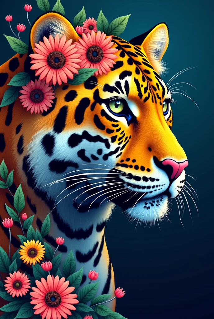 Create a fantastic Amazonian jaguar. A mix of jaguar and tiger,leopard spots on the face, flowers in the head, sunflower, lilies, daisy, roses,feathers on the head, color full, rainbow colours,spectacular, vibrant, no signature, no watermark