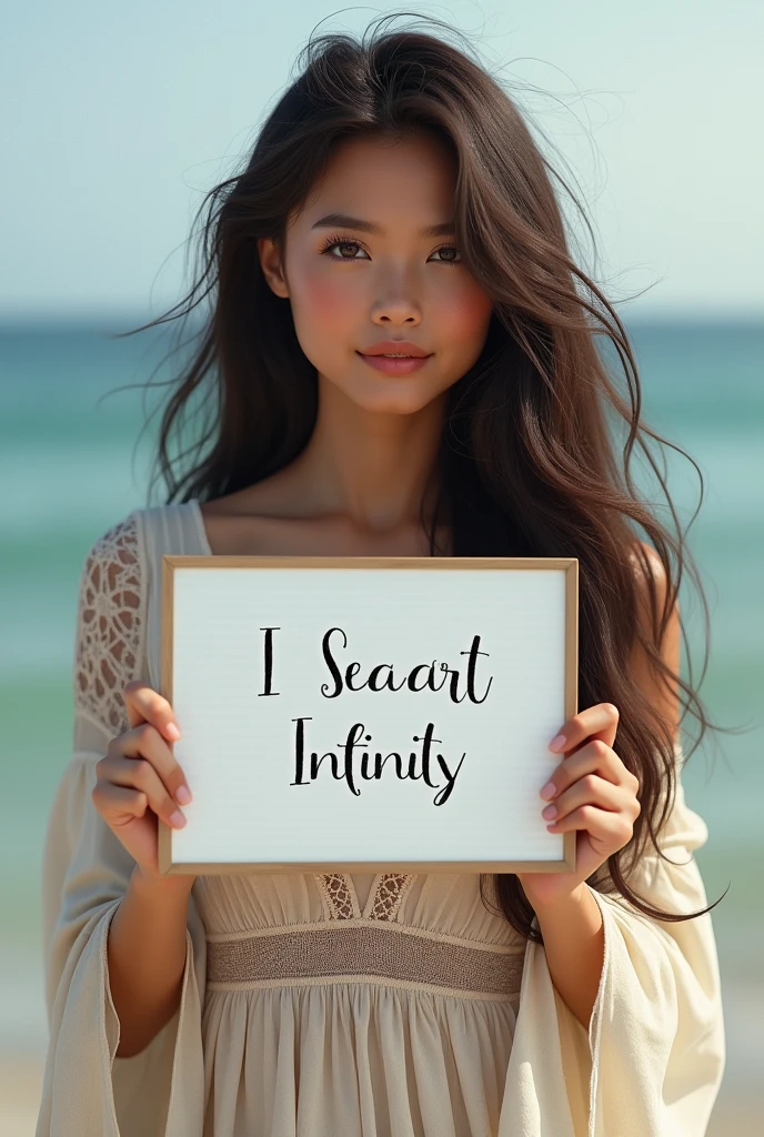 Beautiful girl with wavy long hair, bohemian dress, holding a white board with text "I Love Seaart Infinity" and showing it to the viewer