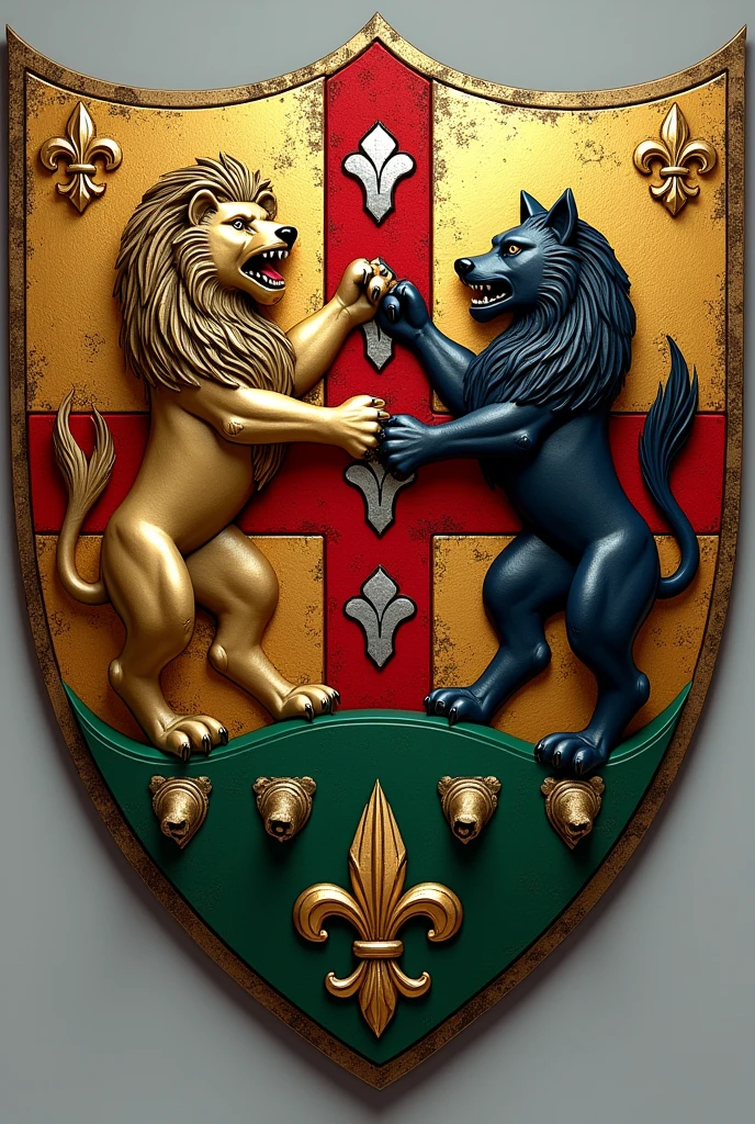 Create a shield for the Bolaños and Chacon families, respecting mythology, with a red Calatrava cross charged with five silver scallops and azure and silver wave tips, rampant lion and the green tablecloth, silver sheep on a field of gold, golden fleur-de-lis and a black wolf of saple