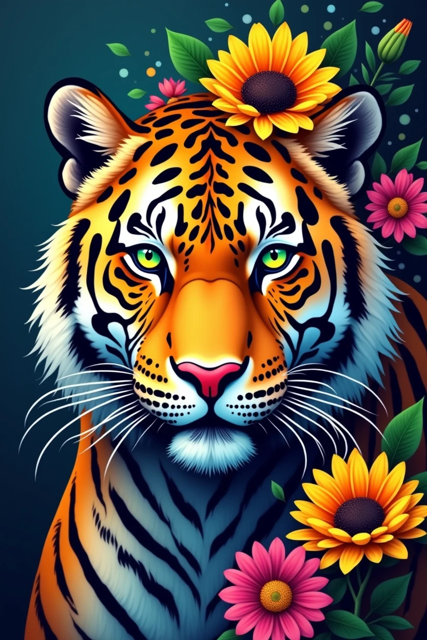 Create a fantastic Amazonian jaguar. A mix of jaguar and tiger,leopard spots on the face, flowers in the head, sunflower, lilies, daisy, roses, color full, rainbow colours,spectacular, vibrant, no signature, no watermark