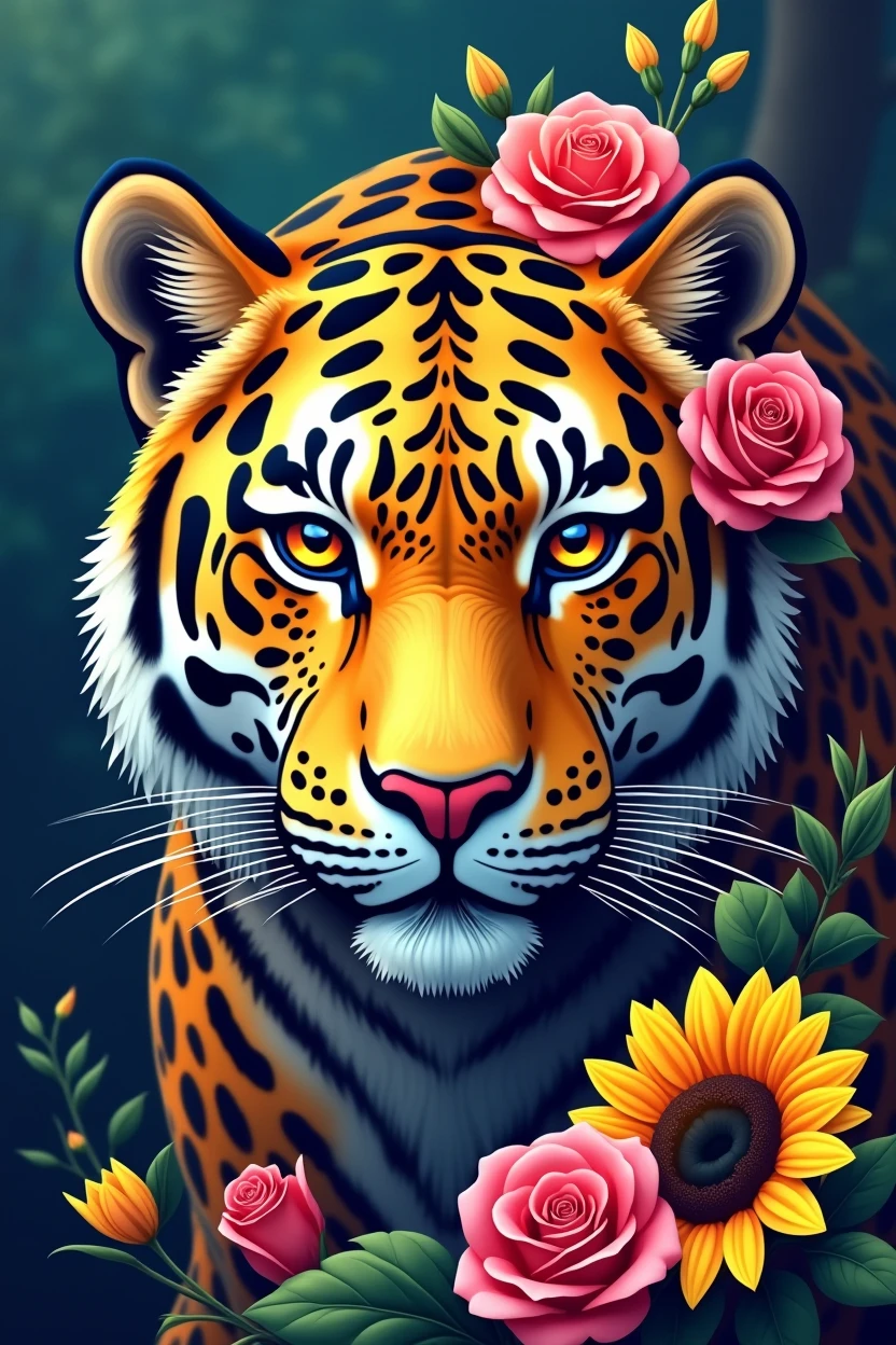 Create a fantastic Amazonian jaguar. A mix of jaguar and tiger,leopard spots on the face, flowers in the head, sunflower, lilies, daisy, roses, color full, rainbow colours,spectacular, vibrant, no signature, no watermark