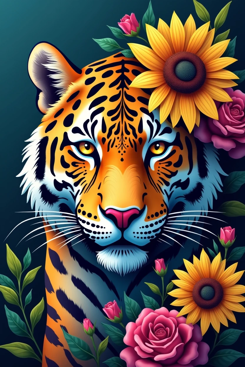 Create a fantastic Amazonian jaguar. A mix of jaguar and tiger,leopard spots on the face, flowers in the head, sunflower, lilies, daisy, roses, color full, rainbow colours,spectacular, vibrant, no signature, no watermark