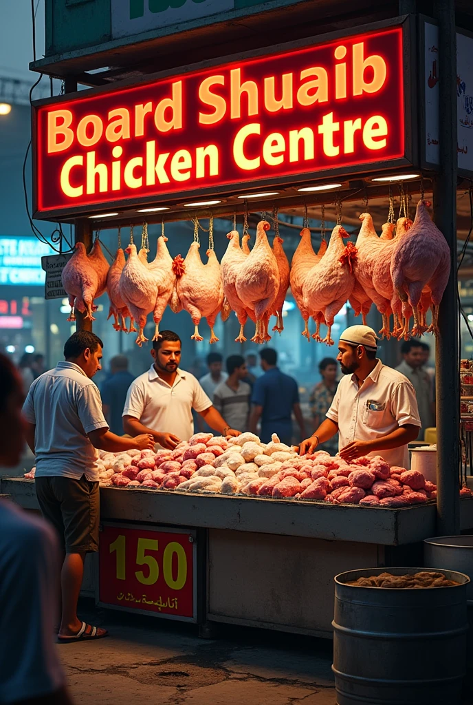 With the name Board Shuaib chicken centre and price of 150 rs per kg and the image of chicken