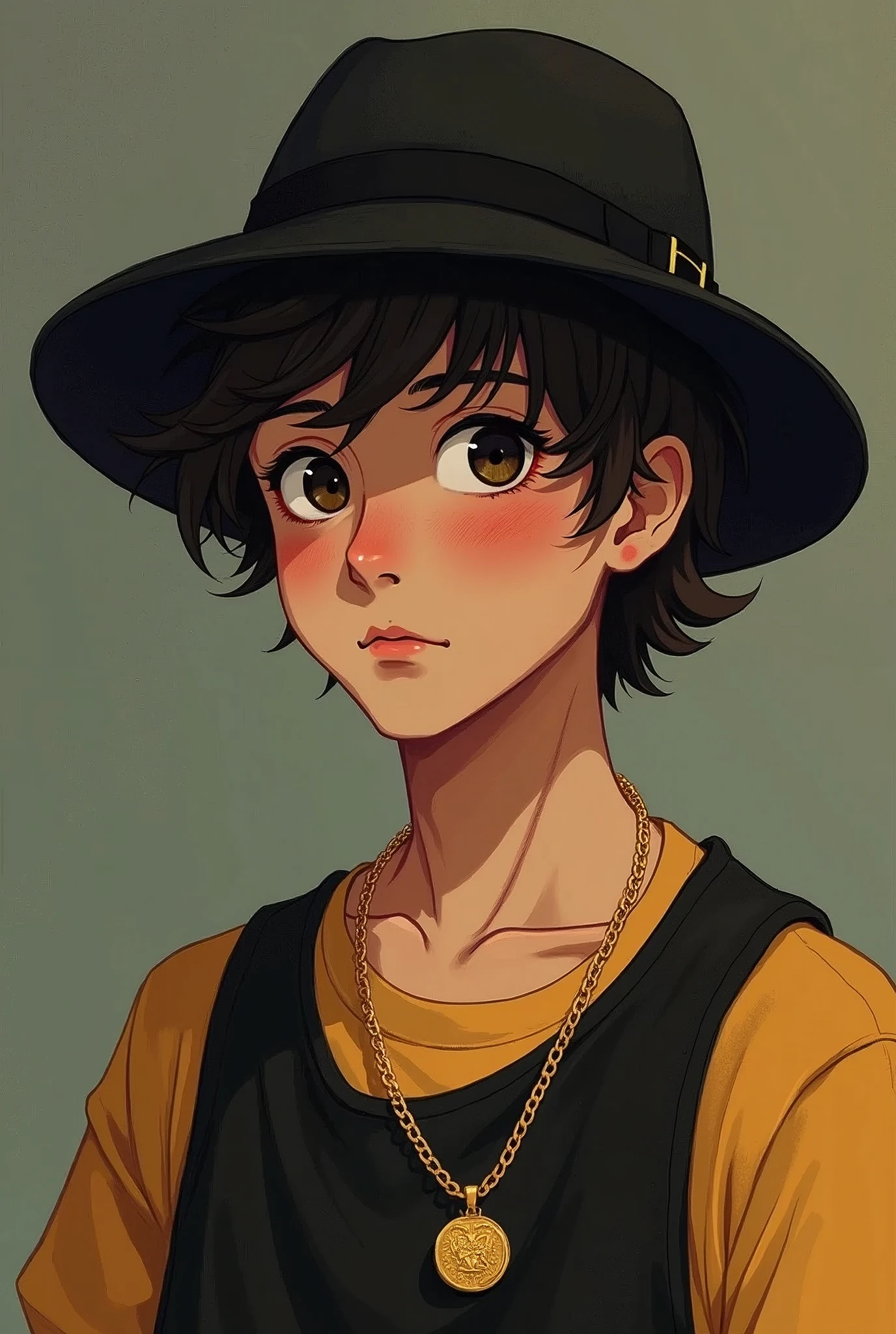 i want a boy with hat and gold chain in neck with qustioning expression