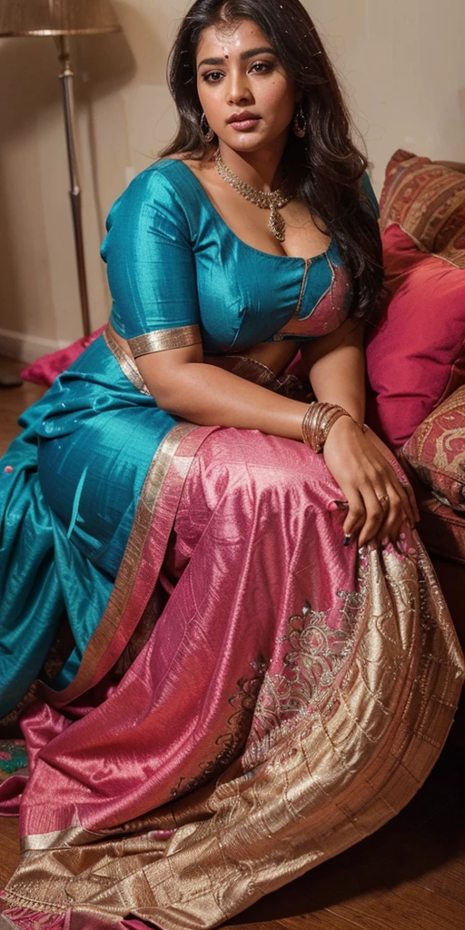 Day scene, full body photo of a plus sized 45 year old indian with a man from top view, (Masterpiece, Best Quality, High Resolution), office Background, (cum Splash on her breasts and nipples, cum Splash on her face, Splash of cum, cum Splash on her blouse, cum Splash on her eys), Sweet 25 year old South indian women sitting on her knees in a crowded party hall with a man, hour glass body red lips, silver colour silky gown, lightly makeup,ultra realistic, realistic, look at viewer (cinematic:1.3), intricate details,