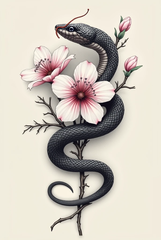 Create simple tattoos that represent the duality of a snake and a cherry blossom