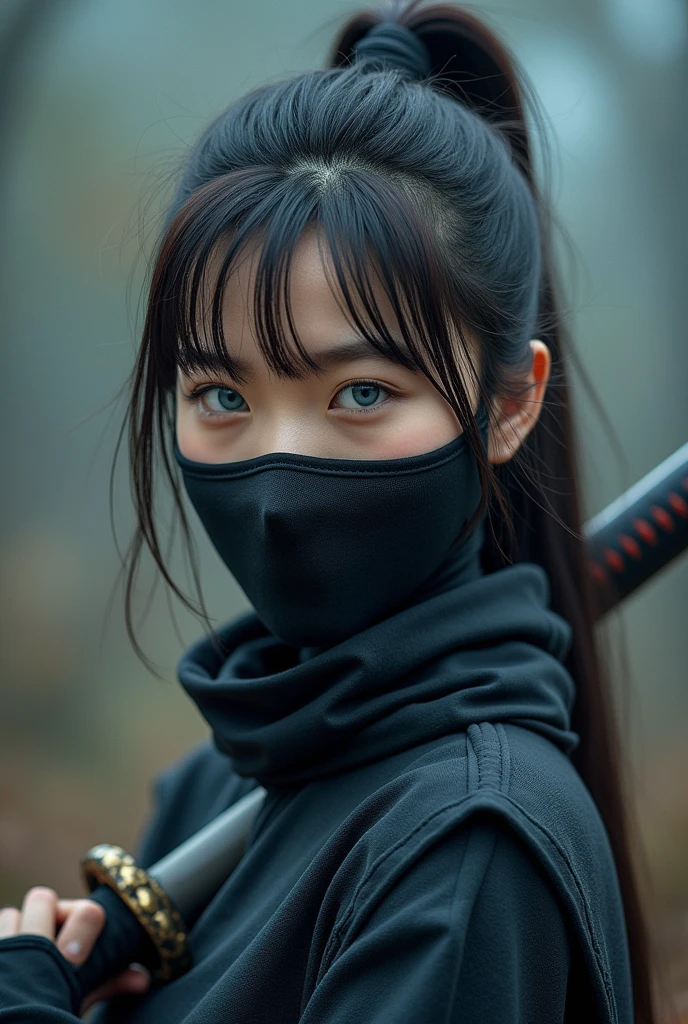 superhero, modern super hero costume, ninja, ninja costume, ninja mask on the face, With a Chinese sword, Jin sword,with a Chinese sword, Beautiful Chinese woman, 20 years old, blue eyes, Chinese woman with bangs, courageous character, Kind, Brave, determination, on the battlefield, atmospheric perspective, Motion blur, 8k, super detailing, Best quality, uhd, high detail