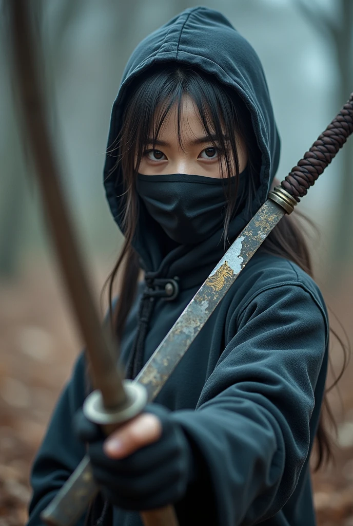 superhero, modern super hero costume, ninja, ninja costume, ninja mask on the face, With a Chinese sword, Jin sword,with a Chinese sword, Beautiful Chinese woman, 20 years old, blue eyes, Chinese woman with bangs, courageous character, Kind, Brave, determination, on the battlefield, atmospheric perspective, Motion blur, 8k, super detailing, Best quality, uhd, high detail