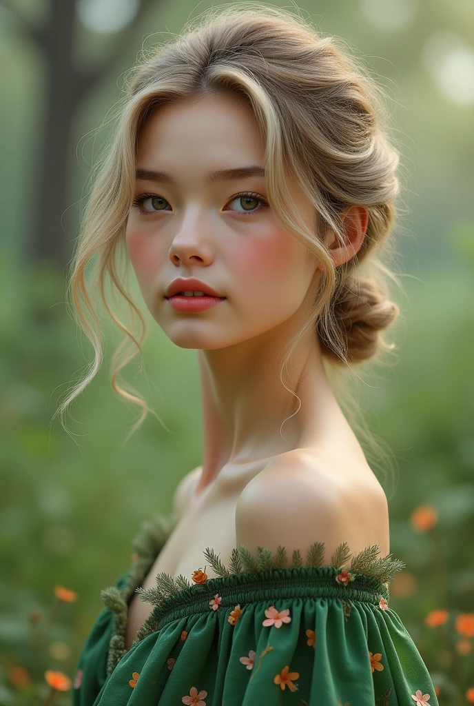 White-skinned woman with semi-blond hair wearing a green flowered dress