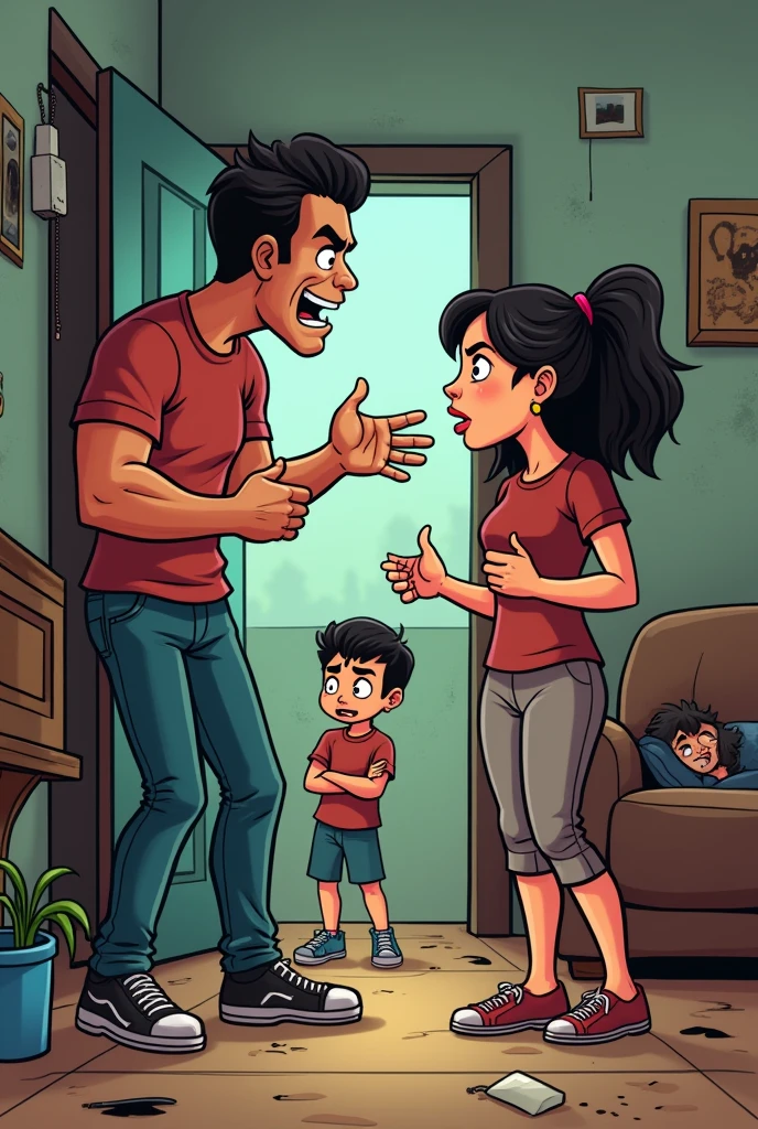 A Latino man yells at a scared woman in her low-income home and a is crying watching it cartoon style