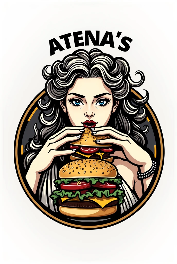 logo with the theme of Greek mythology with the title in black and gold (atena's burger) white background and round border with the goddess Athena eating a hamburger in the background
