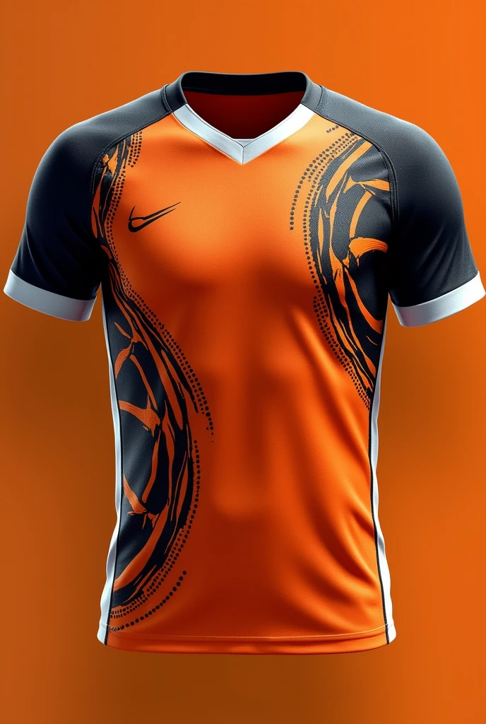 I would like you to create a shirt for a football team that has black and white on the sleeves., but in the chest and back part orange and with details, lines, degrade or similar in white