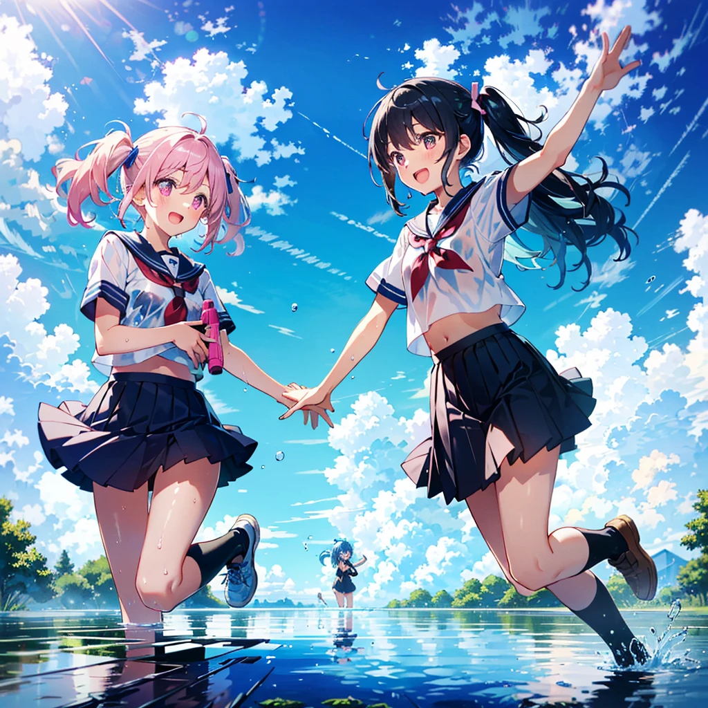 2girls, gradient hair, blue hair, very long hair, twintails, pink eyes, pink hairpins, jump in the air, excited, open mouth, blue serafuku, black pleated skirt, high socks, hair lifted by motion, skirt lifted by motion, wet hair, wet clothes, wet shoes, holding pink water guns, toy pistols, (shoot water with water gun), splashing, (look each other in the eye), high school campus, puddle, sunlight, reflective floor, blue sky

