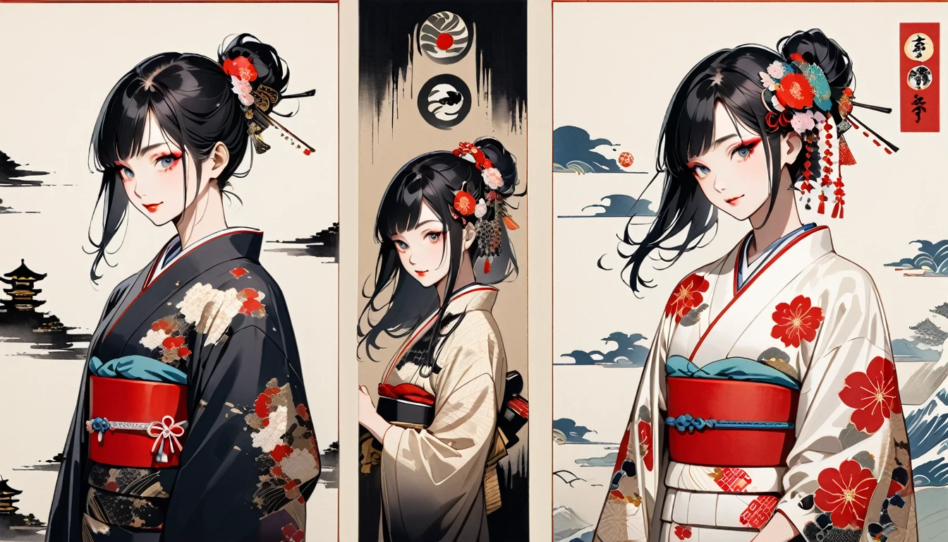 (((Ink Painting))), Fashion portrait color photos, (((twins))), (((Japanese patterned kimono))), (((Very flashy hair accessories))), (((Very flashy makeup))), Japanese style headphones, smile, front view, Japan人の美少女, Black Hair, Delicate and precise, Modern ukiyo-e style,Japan, Japanese flag