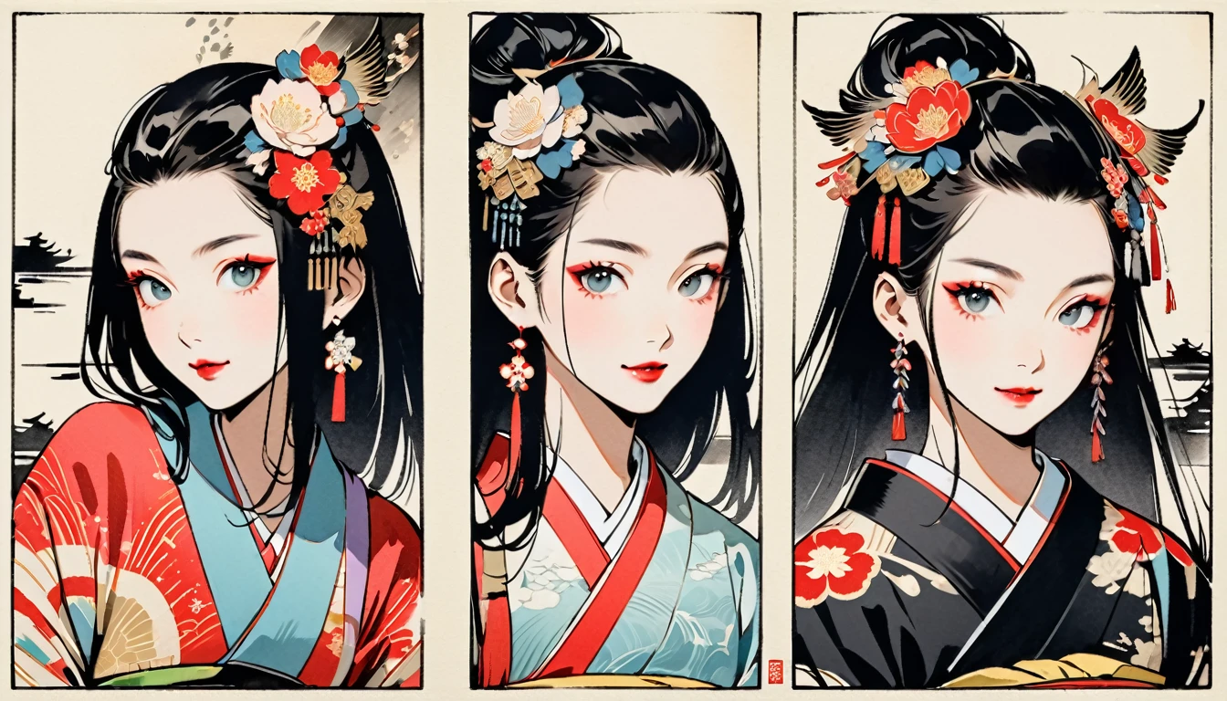 (((Ink Painting))), Fashion portrait color photos, (((twins))), (((Japanese patterned kimono))), (((Very flashy hair accessories))), (((Very flashy makeup))), Japanese style headphones, smile, front view, Japan人の美少女, Black Hair, Delicate and precise, Modern ukiyo-e style,Japan, Japanese flag