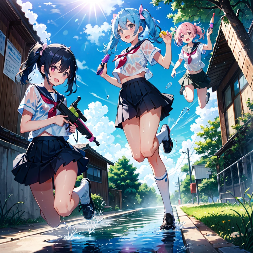 2girls, gradient hair, blue hair, very long hair, twintails, pink eyes, pink hairpins, jump in the air, excited, open mouth, blue serafuku, black pleated skirt, high socks, hair lifted by motion, skirt lifted by motion, wet hair, wet clothes, wet shoes, holding pink water guns, toy pistols, (shoot water with water gun), splashing, (look each other in the eye), high school campus, puddle, sunlight, reflective floor, blue sky