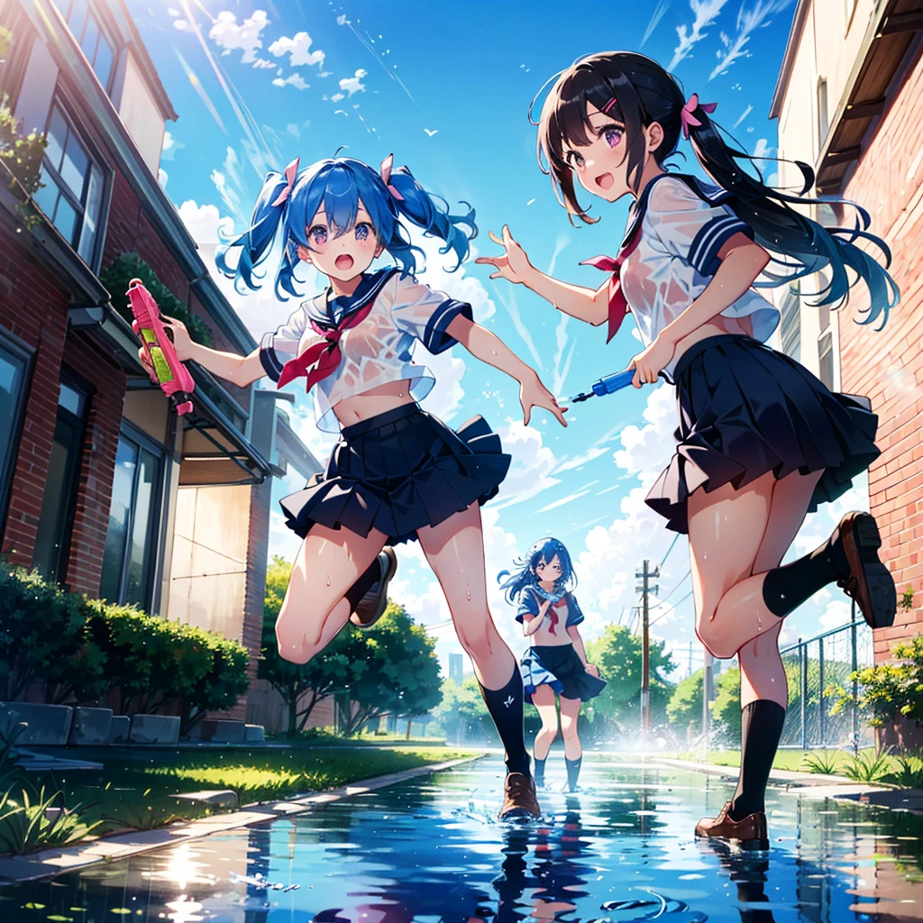 2girls, gradient hair, blue hair, very long hair, twintails, pink eyes, pink hairpins, jump in the air, excited, open mouth, blue serafuku, black pleated skirt, high socks, hair lifted by motion, skirt lifted by motion, wet hair, wet clothes, wet shoes, holding pink water guns, toy pistols, (shoot water with water gun), splashing, (look each other in the eye), high school campus, puddle, sunlight, reflective floor, blue sky
