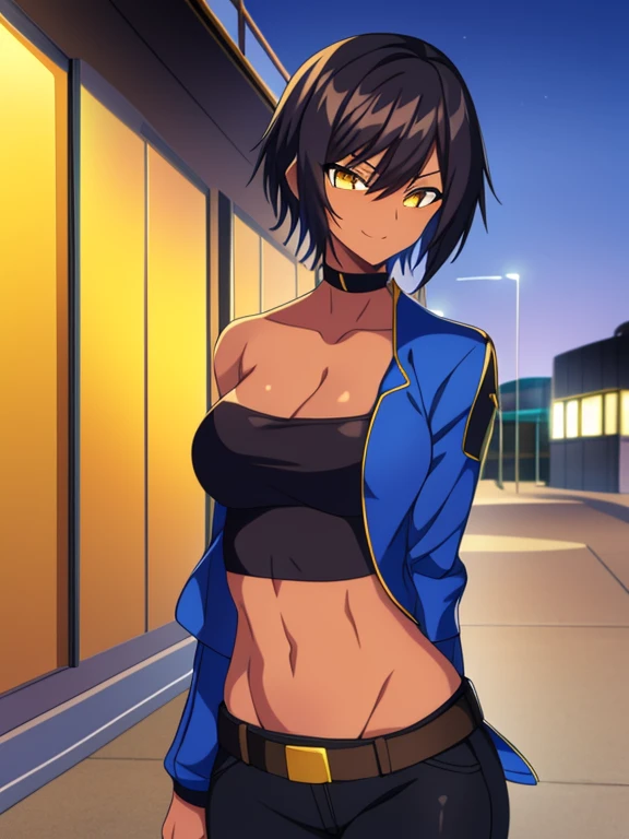  outdoors, Empty City at Night, 1girl, solo, 26 years old, tomboy, Short Black Hair, (tan-bronze skin), yellow eyes, medium breasts, cleavage, (Midriff), (Wearing: opened blue jacket, Strapless black top, Belt, Black Tight Pants:1.2), toned, hourglass figure, athletic, agile physique, snarky expression, looking at viewer, wide smile, (agile physique:1.1), ((masterpiece))