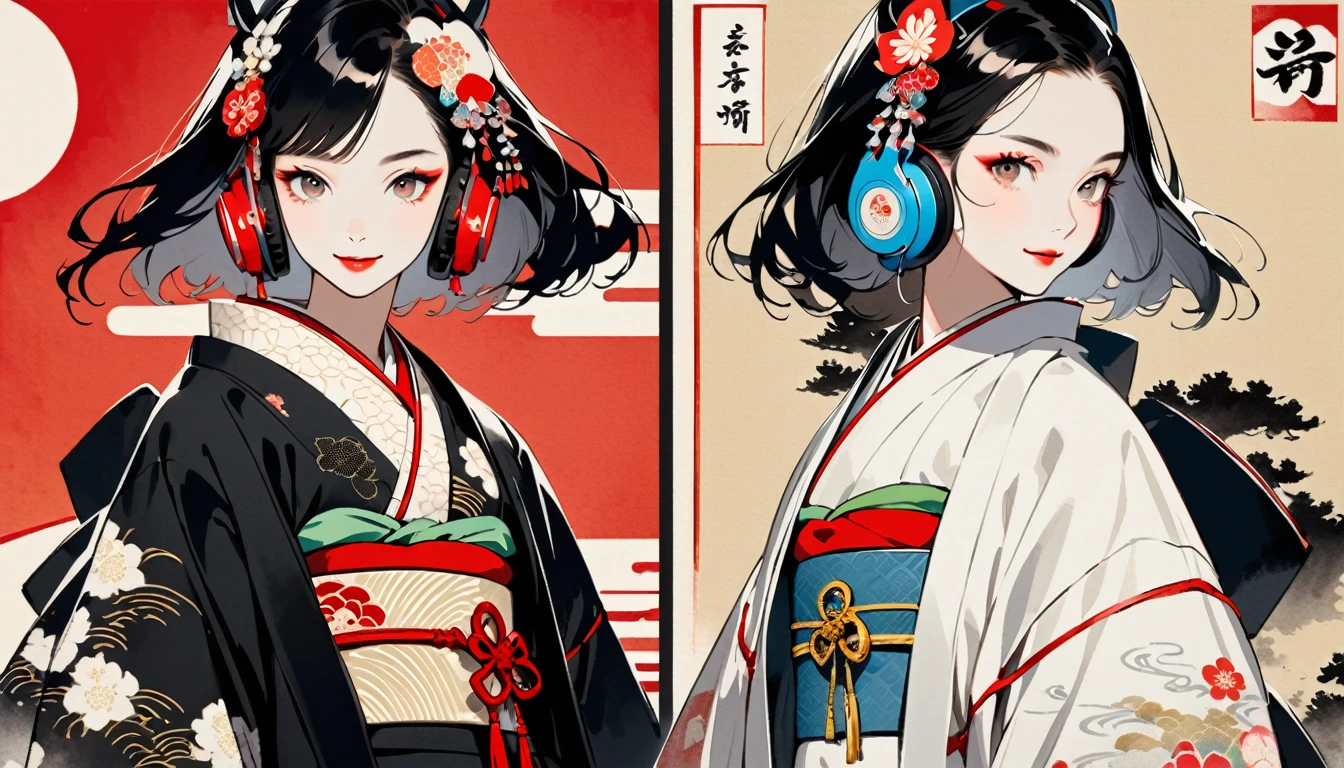 (((Ink Painting))), Fashion portrait color photos, (((twins))), (((Japanese patterned kimono))), (((Very flashy hair accessories))), (((Very flashy makeup))), Japanese style headphones, smile, front view, Japan人の美少女, Black Hair, Delicate and precise, Modern ukiyo-e style,Japan, Japanese flag