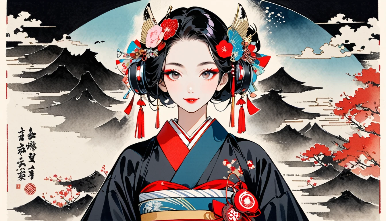 (((Ink Painting))), Fashion portrait color photos, (((twins))), (((Japanese patterned kimono))), (((Very flashy hair accessories))), (((Very flashy makeup))), Japanese style headphones, smile, front view, Japan人の美少女, Black Hair, Delicate and precise, Modern ukiyo-e style,Japan, Japanese flag