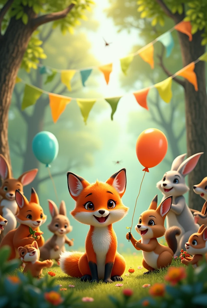 Celebration in the Forest
"Forest animals gathered around a little fox in a festive celebration, with balloons and streamers made of leaves and flowers."