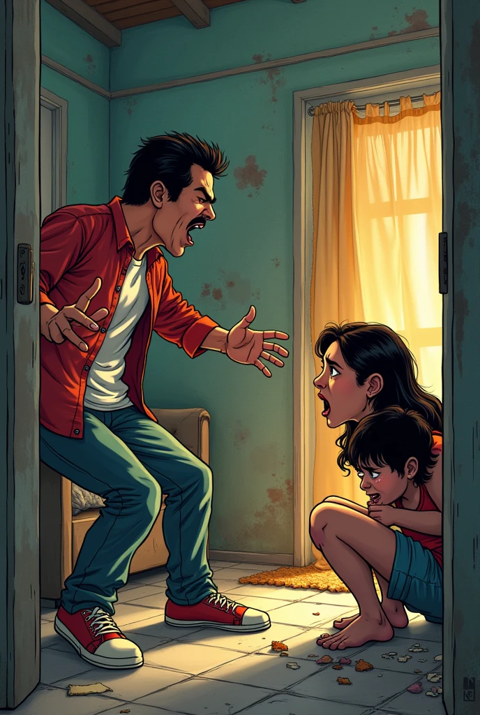 A Latino man yells at a scared woman in her low-income home and a  is crying watching it cartoon style 