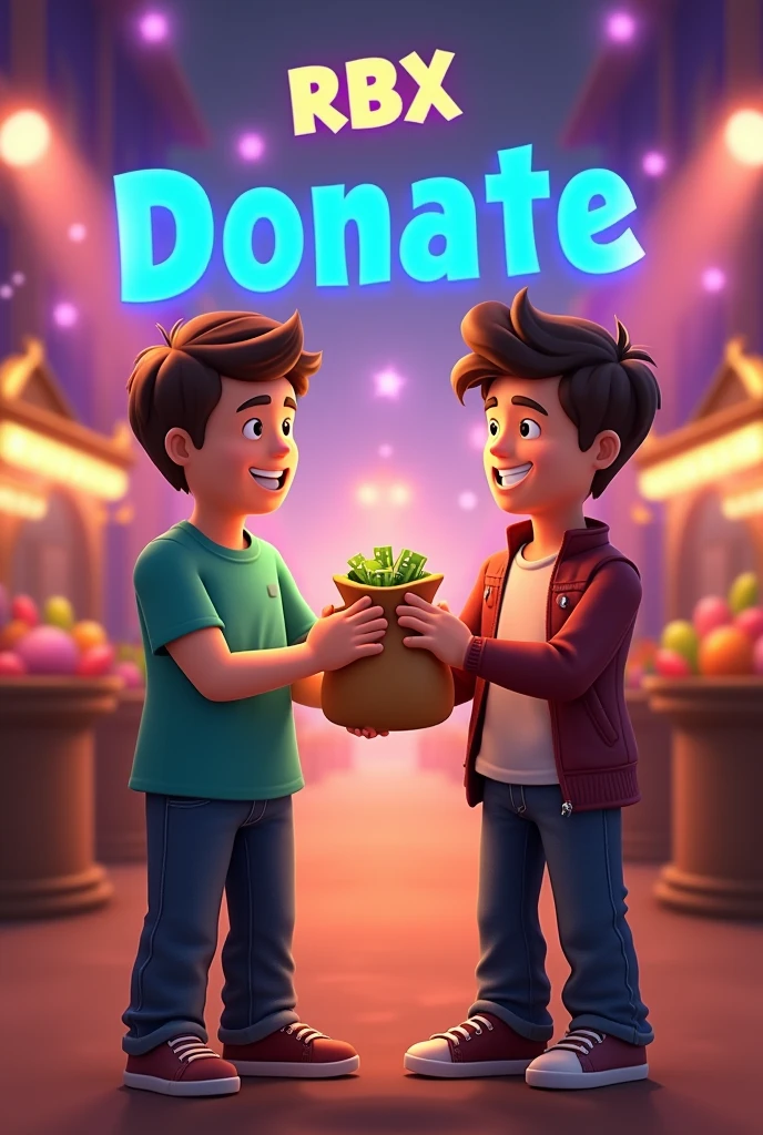 A smiling male ROBLOX avatar receiving a shiny bag of money from another avatar in a festive setting, with decorated donation stands in the background. The style should be cheerful and colorful., as a digital illustration. The title 'RBX Donate' at the top in bright letters