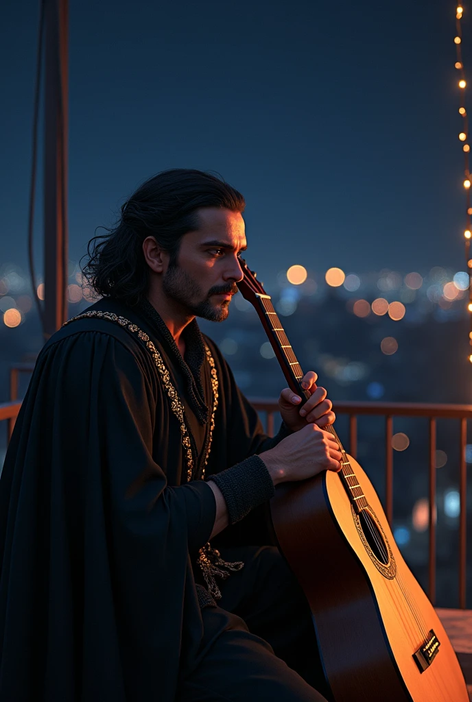 Create photo, of the art of good Tunar, from Tuno in black, with cape and ribbons and a scholarship on the chest, sitting with his guitar, watching his guitar next to the balcony at night, in high definition.