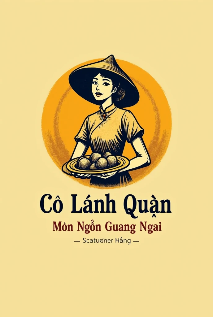 This is a vintage-style logo for a food service called“Co Lanh Quan". The logo has a woman wearing áo dài and Việt Nam conical hat holding disk of Suction Snails. The slogan will be "Mon Ngon Quang Ngai" The color is mostly yellow, and the text is bold