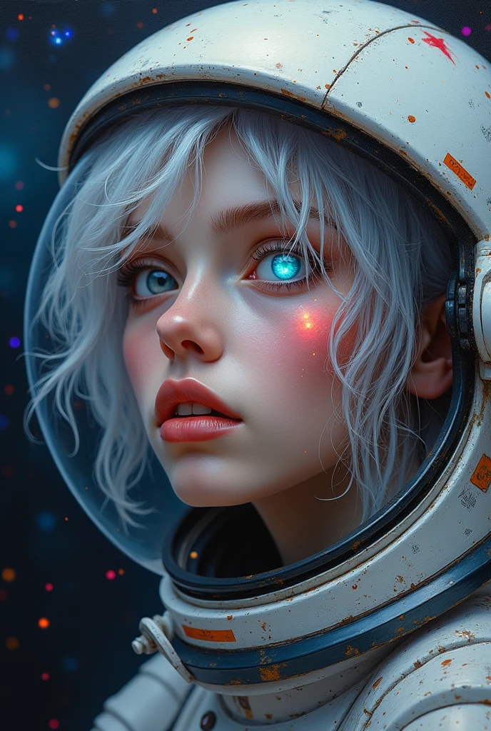 (Close-up of a better masterpiece:1.5)0.9], (Space and astronauts:1.2) (Messy silver hair:1.1) (Heterochromia xanthochromia and blue eyes:1.2) (Space Helmet:1.0) (Colored stars in the eyes:1.0) (A radiant glow:1.1) (thick lips:0.9)