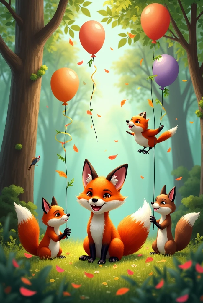 Celebration in the Forest
"Forest animals gathered around a little fox in a festive celebration, with balloons and streamers made of leaves and flowers."