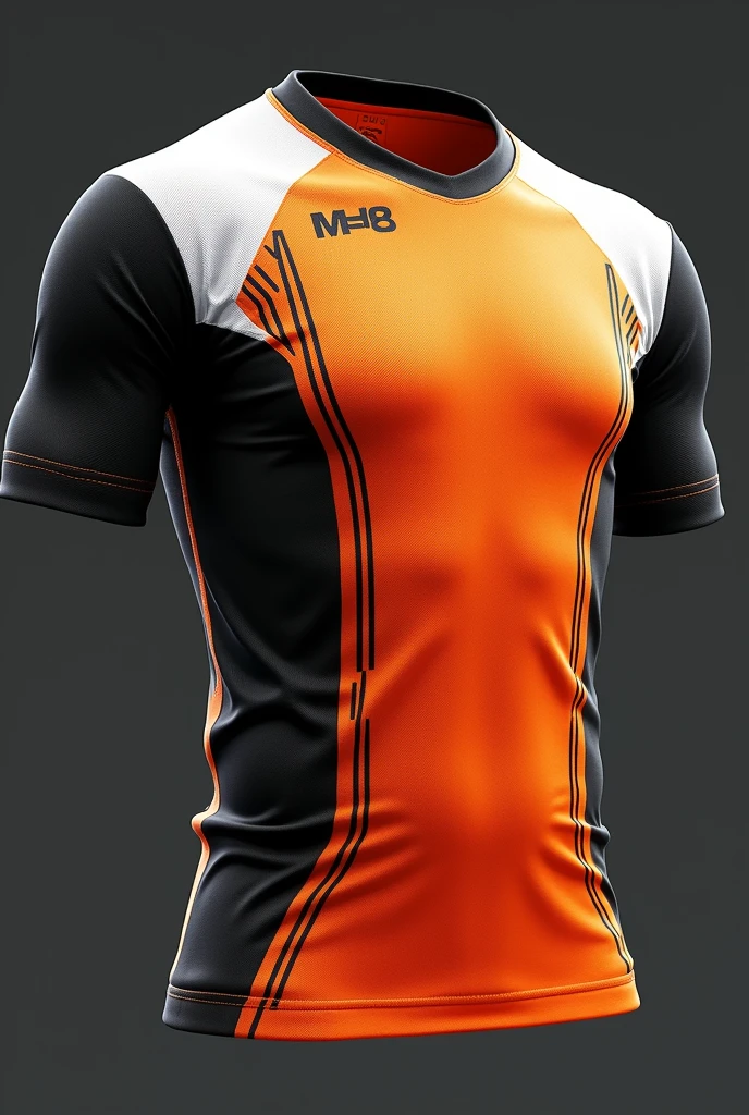 I would like you to create a shirt for a football team that has black and white on the sleeves., but in the chest and back part orange and with details, lines, degrade or similar in white