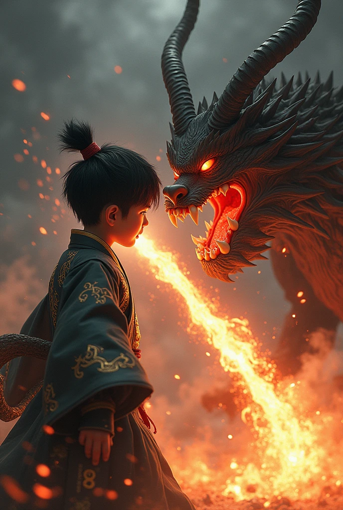 An Asian boy wears an onmyoji outfit, he is fighting with a yokai, he mouth is breathing fire