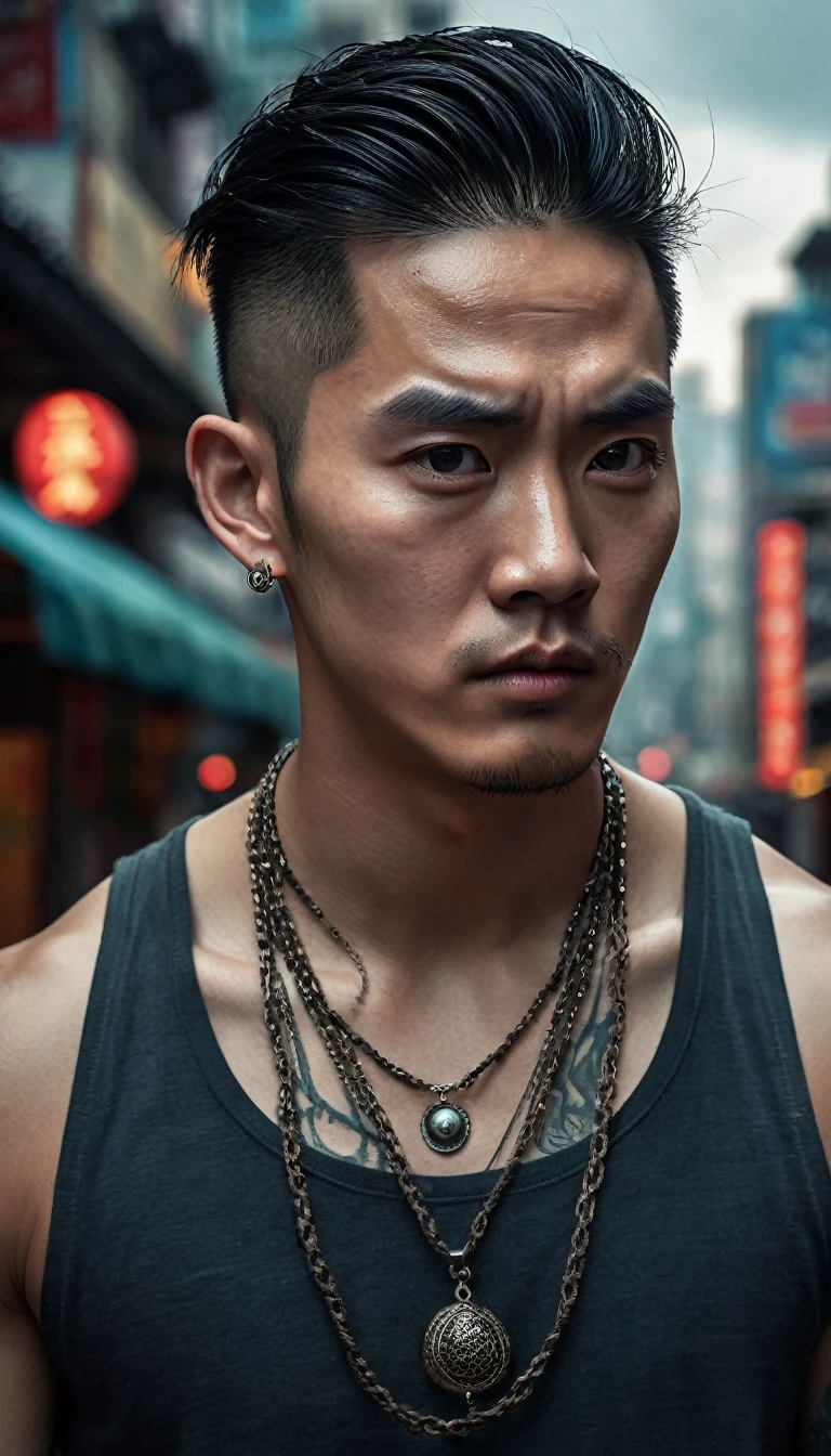 Photo of a young man, full-body, gentle features, muscular, tattooed, wearing a necklace, hair tied up, street scene, gangster style, romance. Kind, slightly curved lips suggesting a faint smile. Wide, almond-shaped eyes with a deep, melancholic gaze. Eyebrows slightly furrowed, conveying inner turmoil. Eyes are filled with sadness and longing. Smooth forehead with a hint of worry lines. 
The atmosphere is tense and foreboding, with a hint of supernatural energy. HongKong cinema.Hyper-realistic digital painting style with fine details. High-resolution image emphasizing texture of skin and eyes. Hyper-realistic digital art style, high contrast, dramatic lighting. Cinematic lighting, high detail, 8k, artstation, conceptual art, dark fantasy. Photo taken with Canon EOS R5 85mm f/11 camera, ((sharp)) mode of people and surrounding scenery. Image quality ((8K)), ((realistic)), ((masterpiece)), ((sharpest and highest contrast)), ((excellent depth of field)), ((stereoscopic lighting)), ((Kind, nice)), detailed pores.