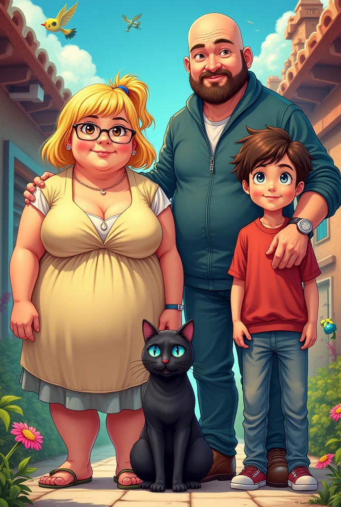 anime fat woman, blond, eyes browns, next to a tall man, bearded and bald and a teenager with dark brown hair and blue eyes and a dark colored cat with blue eyes
