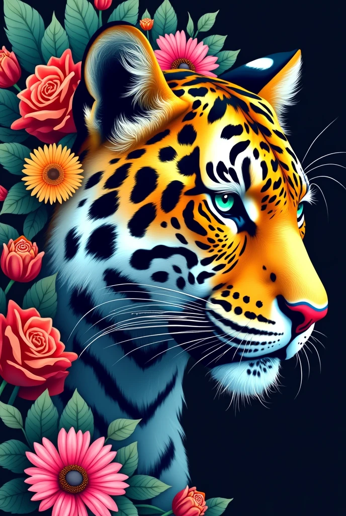 Create a fantastic Amazonian jaguar. A mix of jaguar and tiger,feathers on the head,leopard spots on the face, flowers in the head, sunflower, lilies, daisy, roses,feathers on the head, color full, rainbow colours,spectacular, vibrant, no signature, no watermark