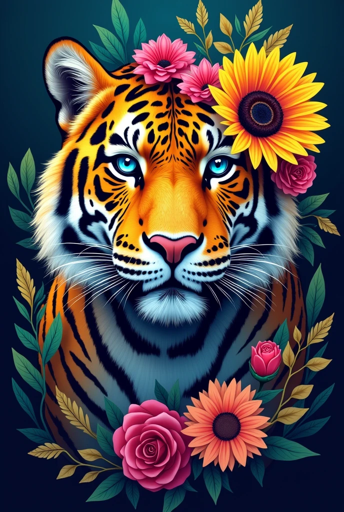 Create a fantastic Amazonian jaguar. A mix of jaguar and tiger,feathers on the head,leopard spots on the face, flowers in the head, sunflower, lilies, daisy, roses,feathers on the head, color full, rainbow colours,spectacular, vibrant, no signature, no watermark