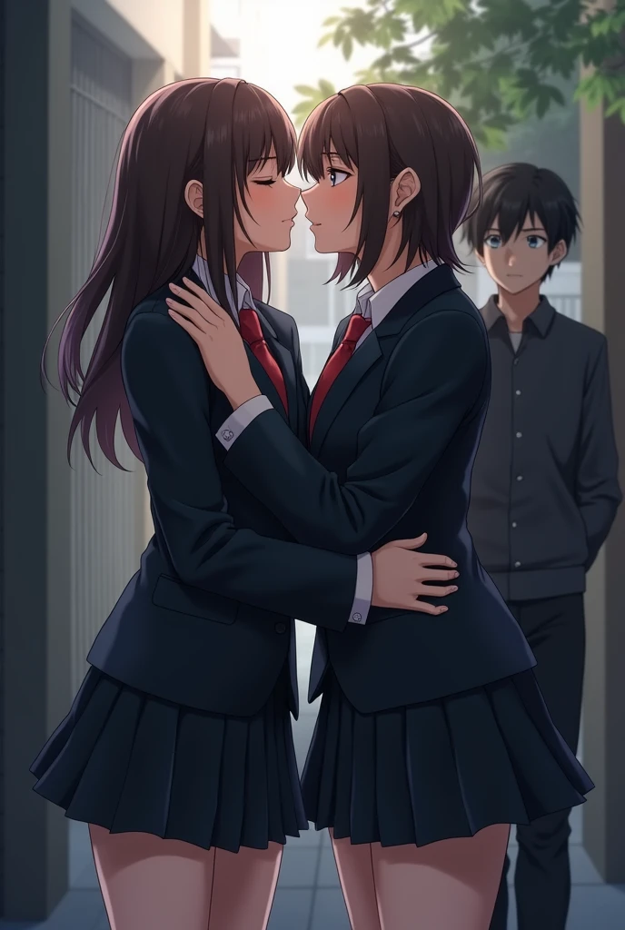 2 school girls in black skirts kissing with boy